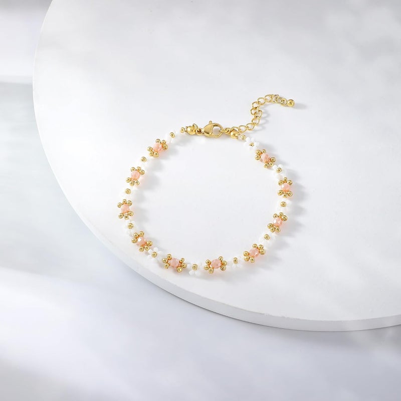 Pymach Store Dainty Gold Plated Pearl Crystal Beaded Bracelets Set for Women 14K Gold Plated Bead Pearl Beads Bracelet Stackable Paperclip Link Chain Bracelets Gold Plated Bracelets for Women Trendy Jewelry - Image 5